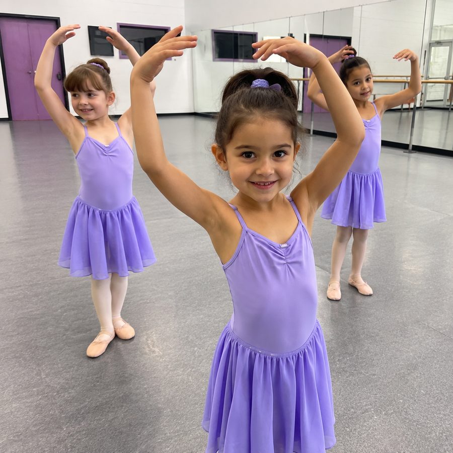 Mini Ballet students in lilac leotards with their arms raised in class at Dance Theatre Network, Roselands