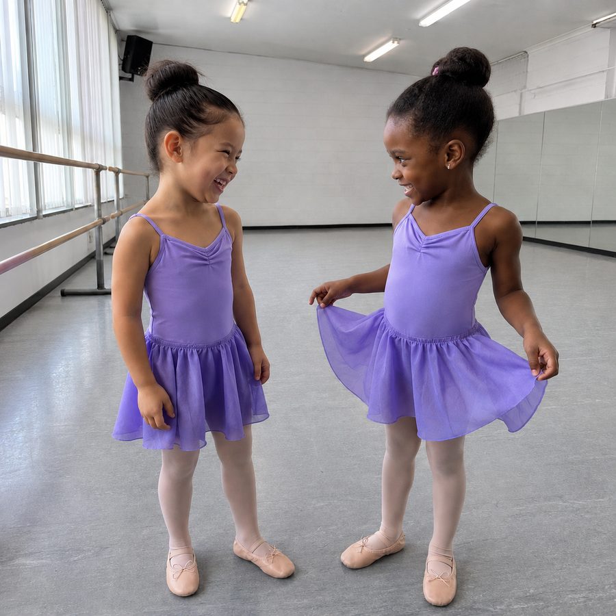 Two young ballet students laughing together before class at Dance Theatre Network in Roselands