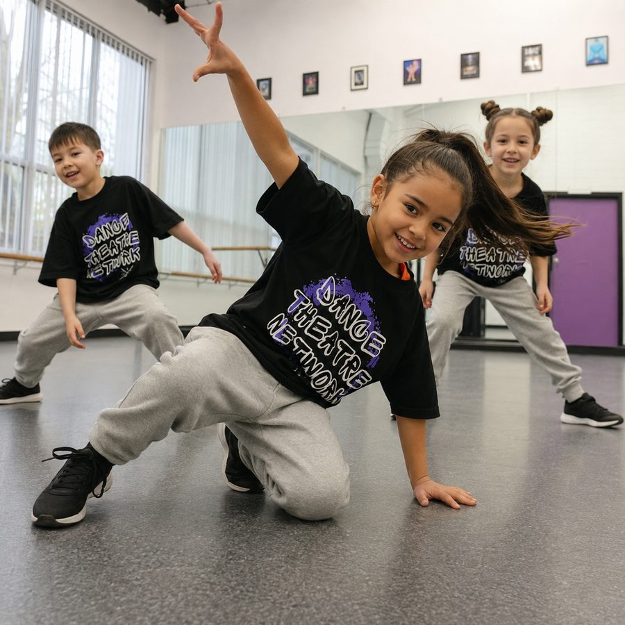 Mini Hip Hop students in Dance Theatre Network t-shirts mid-move in the Roselands studio
